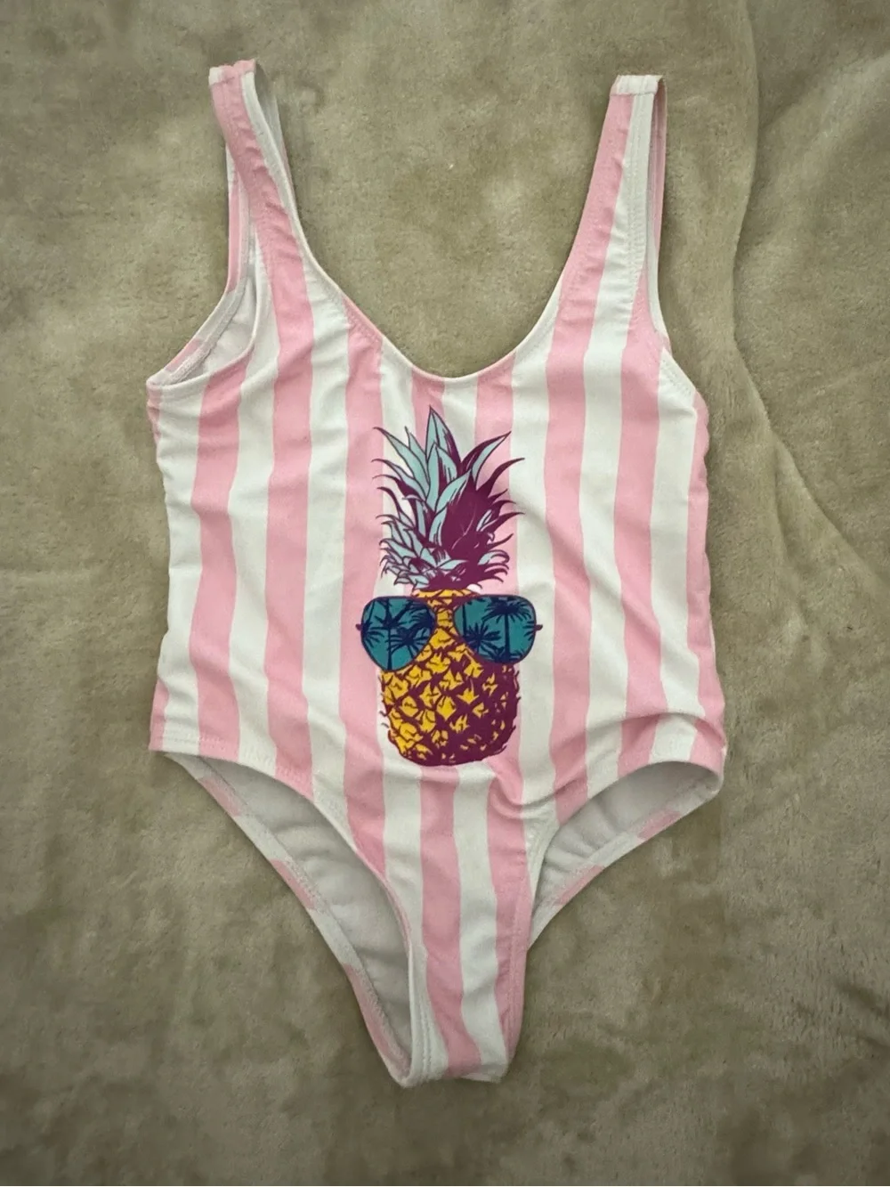 Kids Pink & White Stripe One-Piece Swimsuit with Pineapple Print